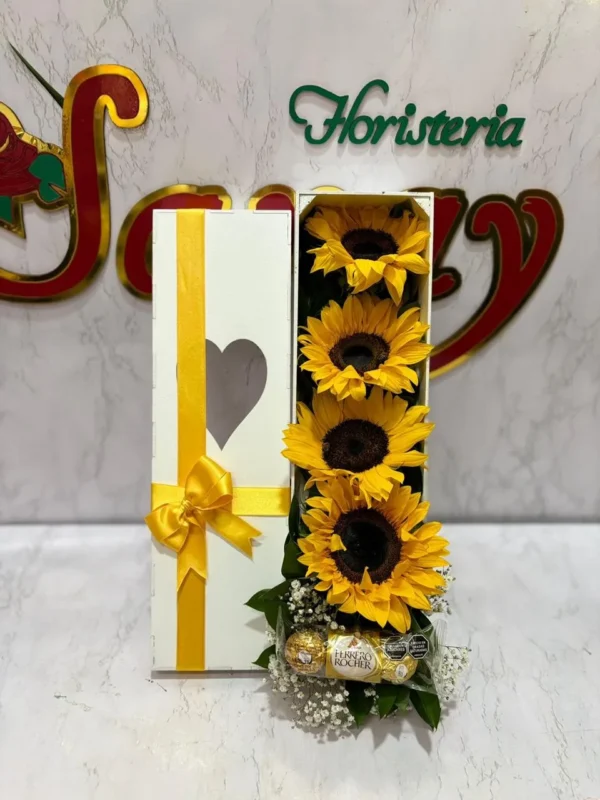 Caja con girasoles y chocolates Ferrero Rocher