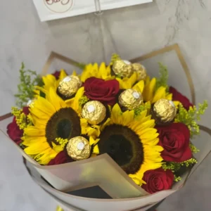 Bouquet de girasoles con rosas y chocolates Ferrero Rocher