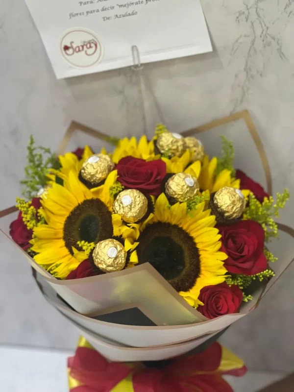 Bouquet de girasoles con rosas y chocolates Ferrero Rocher