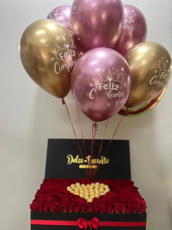 Caja gigante con rosas rojas, chocolates Ferrero Rocher y globos con helio