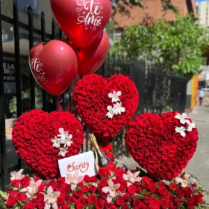 Arreglo floral, tres corazones, jardinera con rosas y orquideas y globos con helio