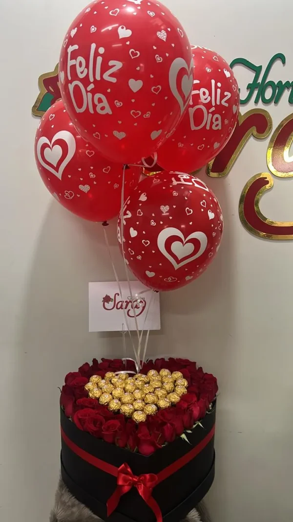 Caja corazon con rosas, chocolates Ferrero Rocher y globos con helio