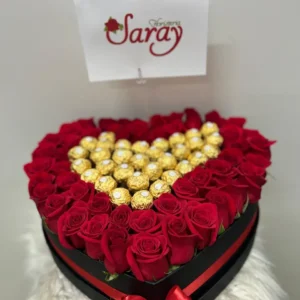 Caja corazon con rosas rojas y chocolates Ferrero Rocher