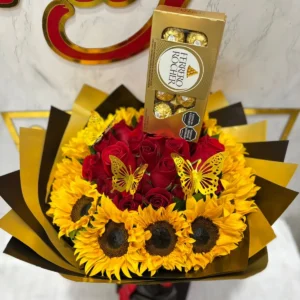 Bouquet en girasoles, rosas y chocolates Ferrero Rocher