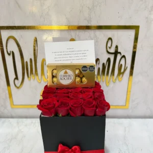 Caja con rosas y chocolates Ferrero Rocher